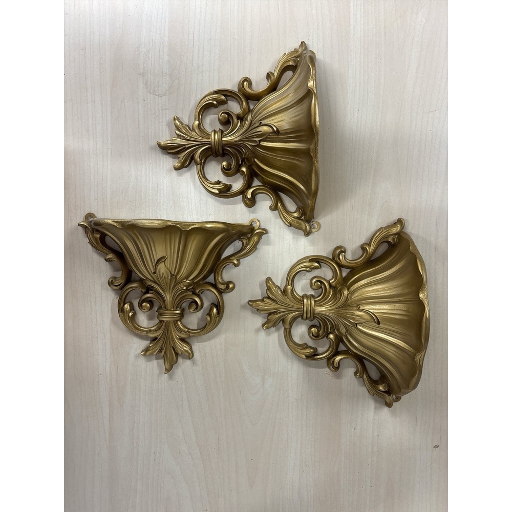 3 VTG HOMCO Gold Wall Pocket Sconces 4446 Hollywood Regency MCM Scroll Planters